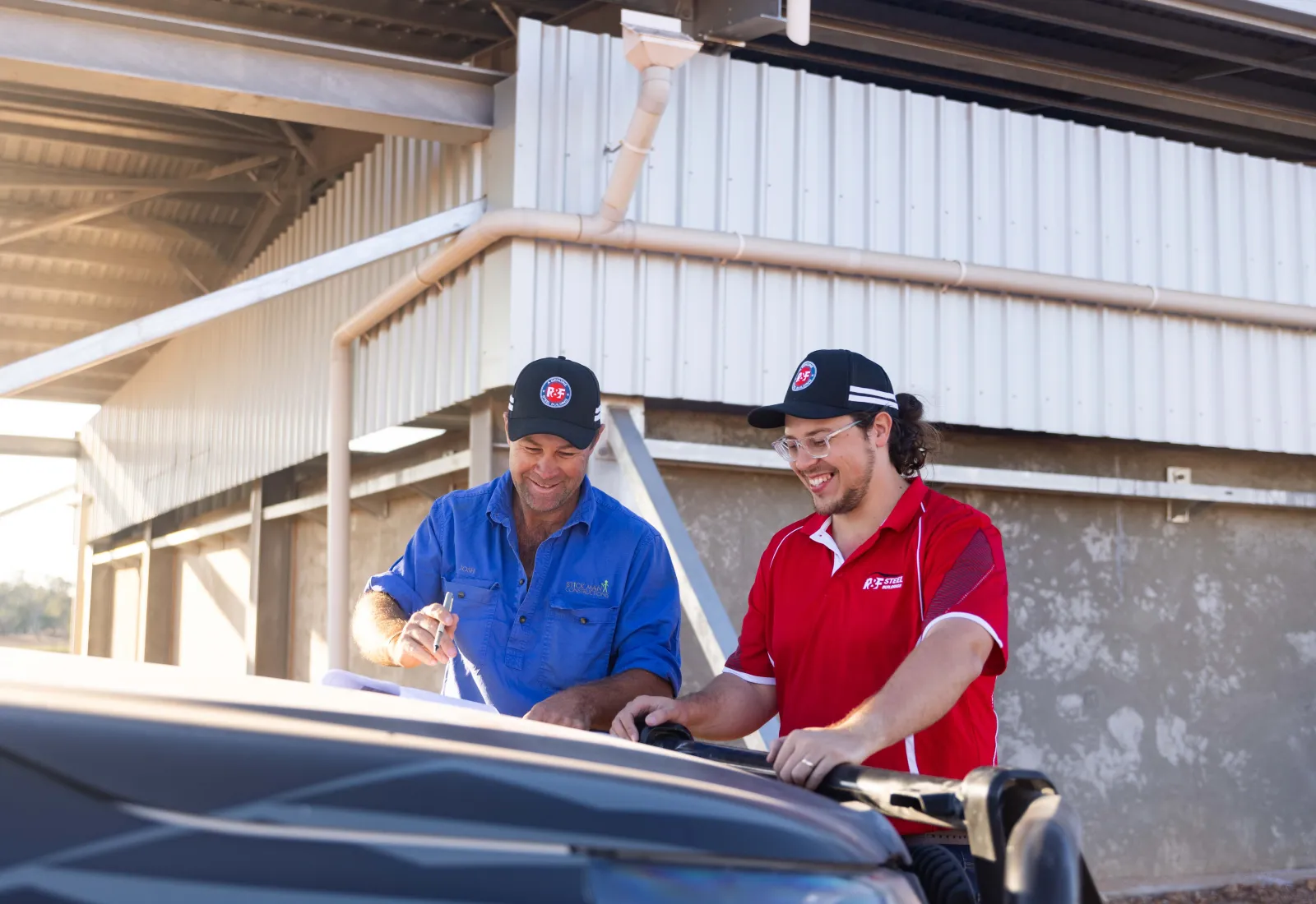 The crew at R&F Steel Buildings having a lugh between takes during their ShareStory commercial at The Anchorage