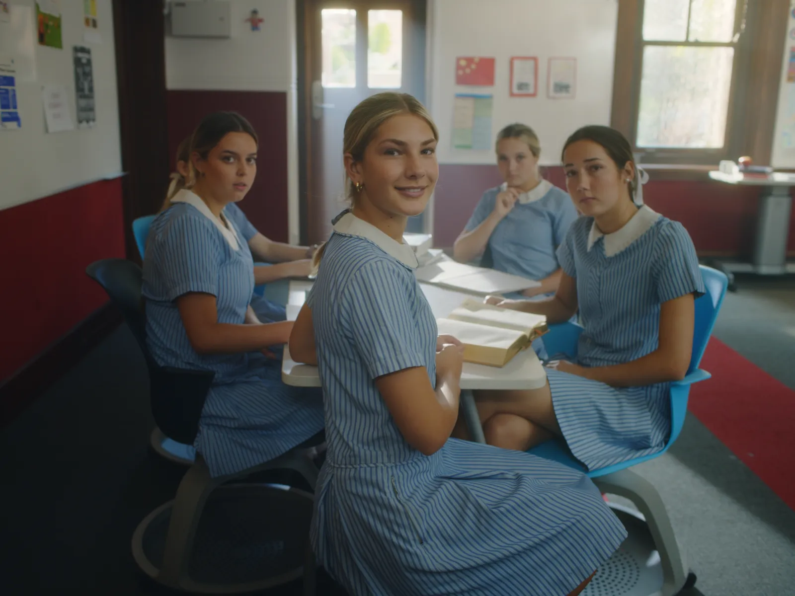 Lovely Stuartholme students greet the camera for the Wesholme scene about their teacher.